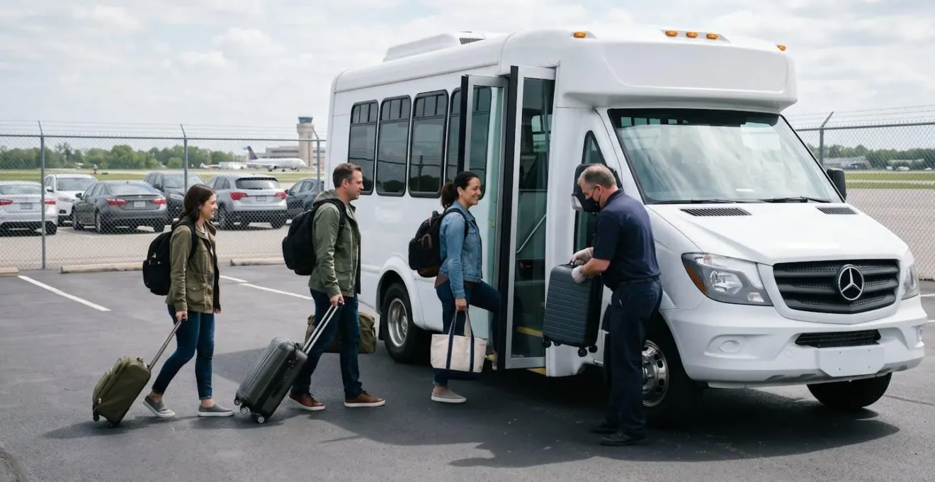 Passagers embarquant dans une navette de parking privé à destination d'un terminal d'aéroport