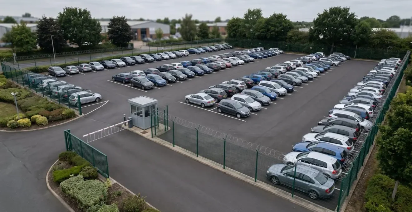 Vue d'ensemble d'un parking fermé et sécurisé avec des rangées de véhicules stationnés en ordre