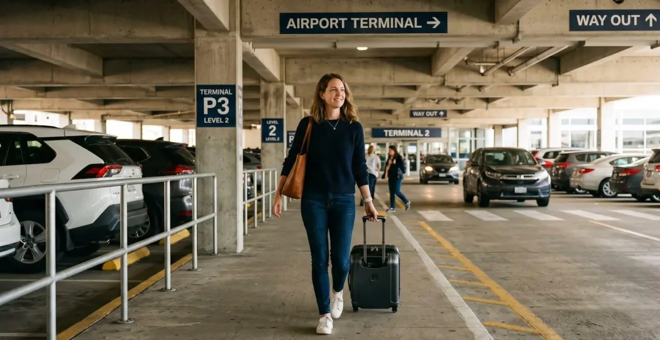 Femme tirant une valise à roulettes dans un parking couvert proche d'un terminal d'aéroport